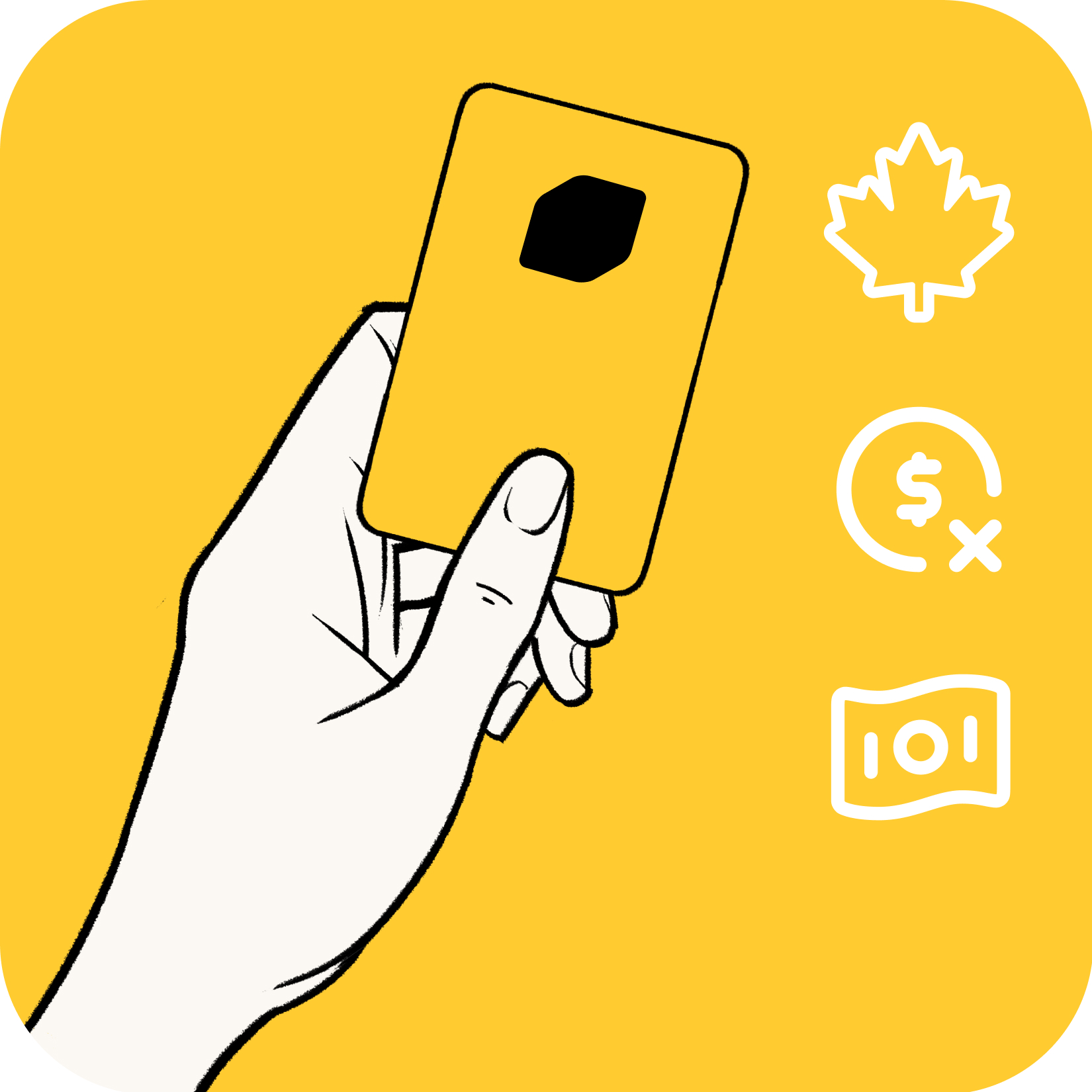 Illustrated hand holding EQ Bank card set against EQ Bank jewel symbol.