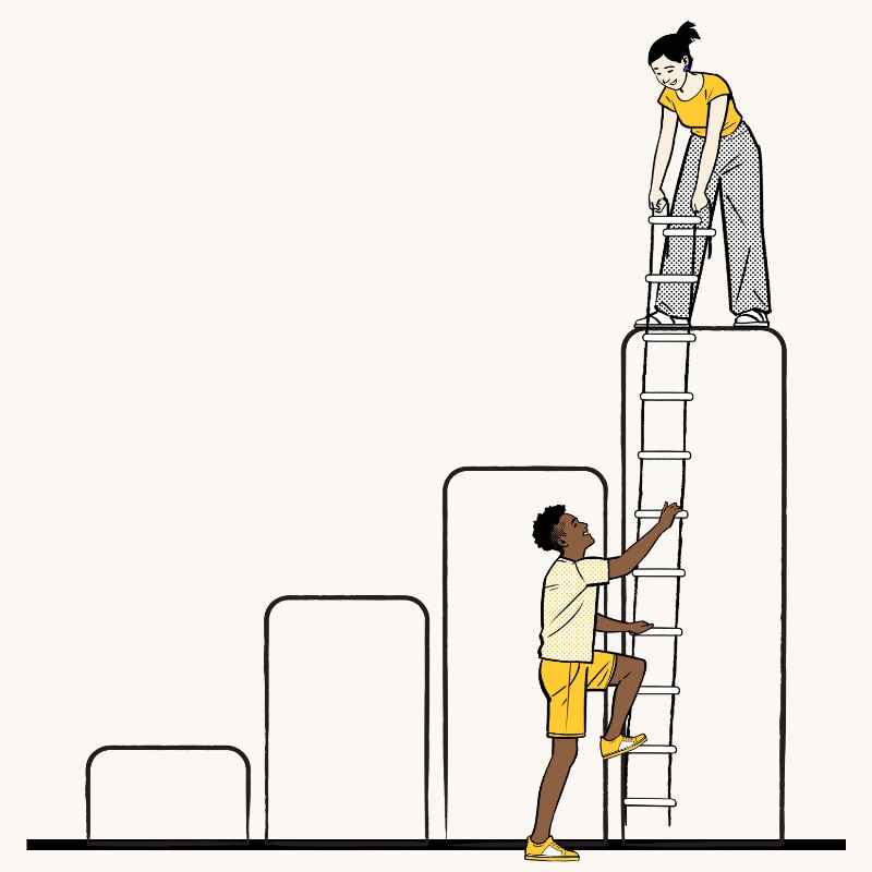 Illustration d’une femme qui aide un homme à monter l’échelle sur un diagramme à barres.