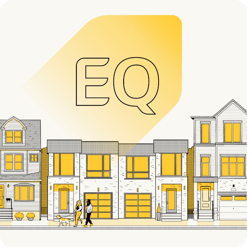 Image d’une rue avec une variété de maisons et de personnes se promenant avec leur chien sur le trottoir. Élément graphique textuel « EQ » au centre du losange de la Banque EQ.