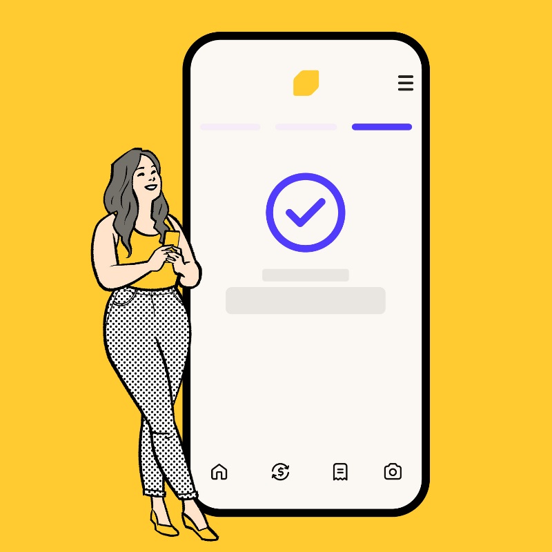 Illustration of woman standing next to a life-sized phone showing the EQ Bank mobile app with a checkmark in the middle on the screen.